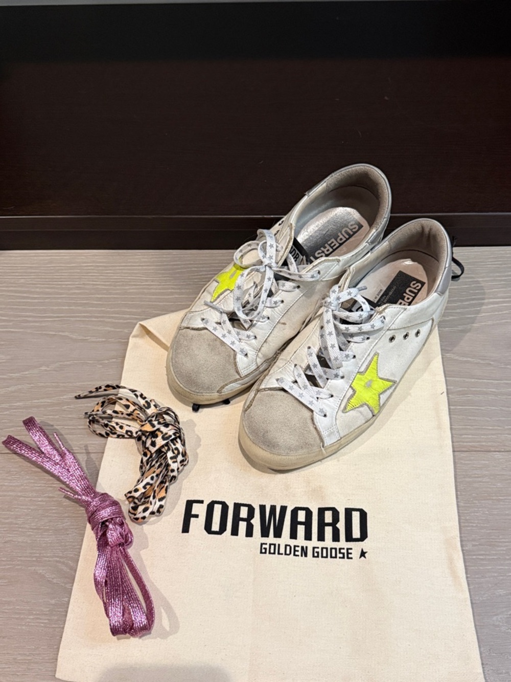 Golden Goose White Sneakers with Neon Yellow Star Accent
